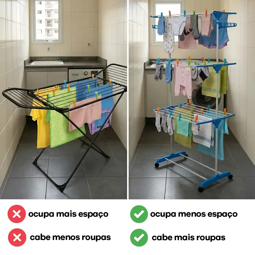 Comparação: varal comum ocupa mais espaço e cabe menos roupa; varal torre ocupa menos espaço e cabe mais roupa