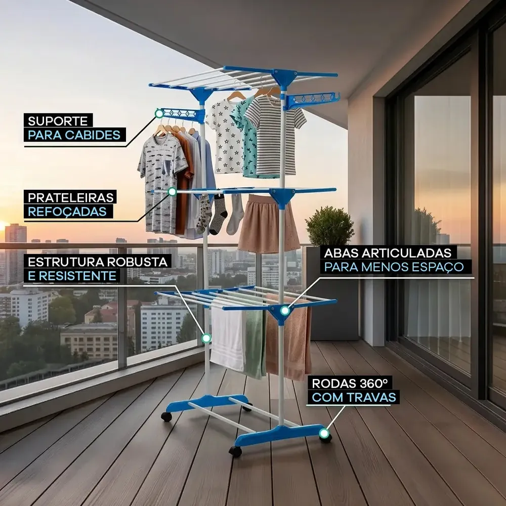 Varal Torre Cazaue na varanda de um apartamento com roupas, toalhas e cabides pendurados